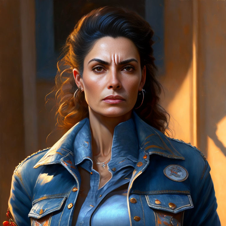 Digital art portrait of determined woman with dark hair in blue denim jacket