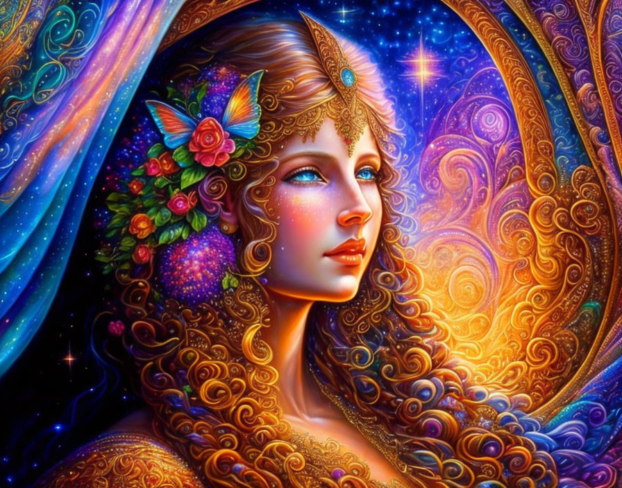 Colorful Woman with Flowing Hair and Cosmic Patterns on Starry Background