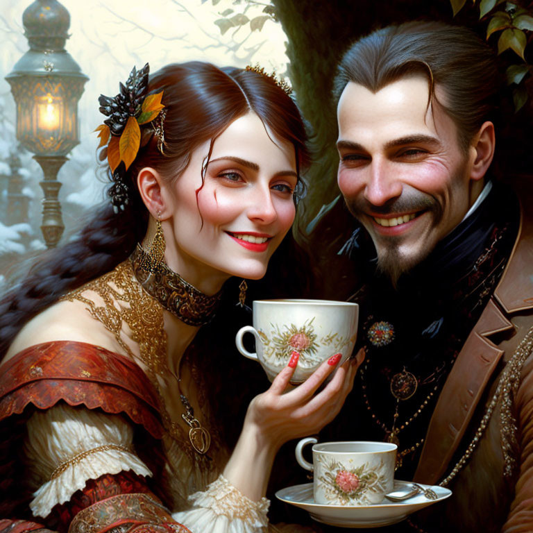 Victorian-style couple in elegant attire sharing a joyful moment with a teacup