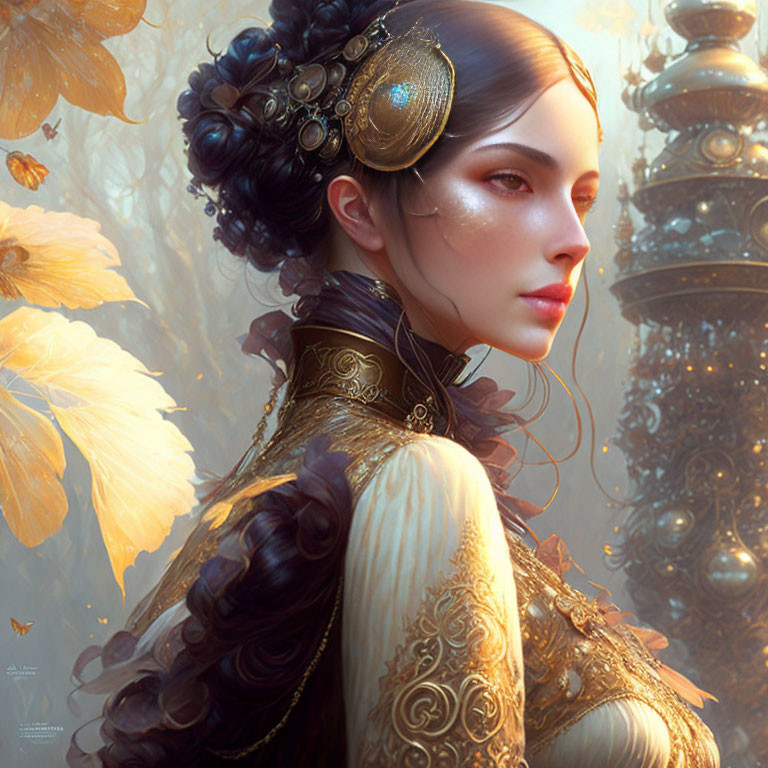 Ethereal woman with intricate ebony hair and golden accessories surrounded by delicate butterflies.