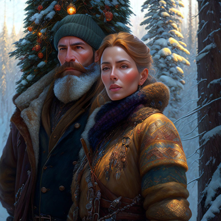 Digital illustration: Bearded man and woman in medieval attire by snow-covered tree