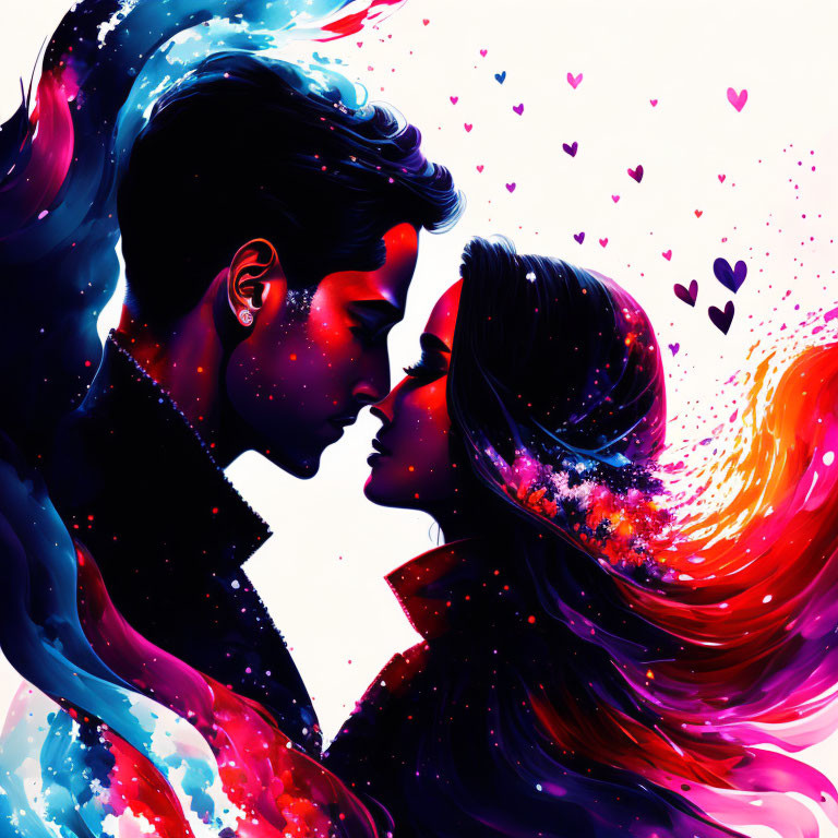 Colorful cosmic couple surrounded by floating hearts in vibrant illustration