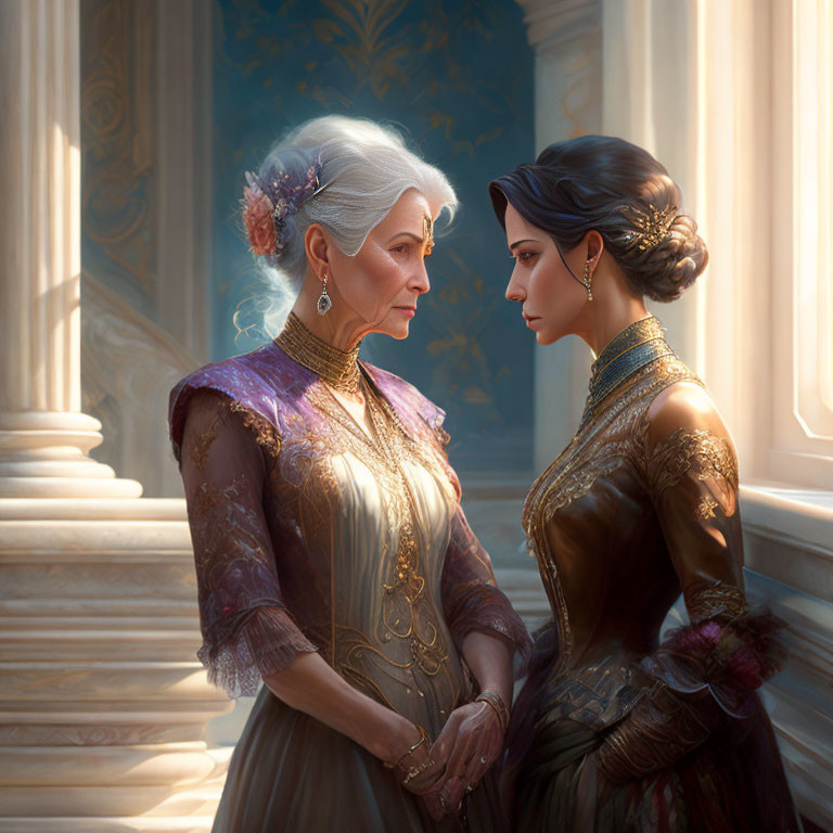 Digital Artwork: Elegant Women in Historical Dresses Exchange Glances in Sunlit Palace