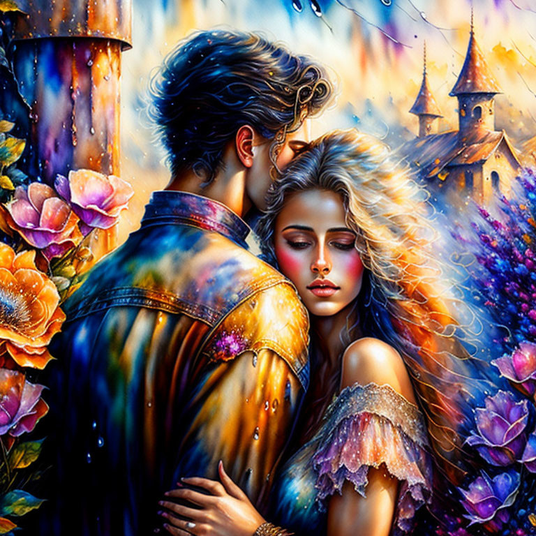 Romantic embrace in vibrant painting with blooming flowers