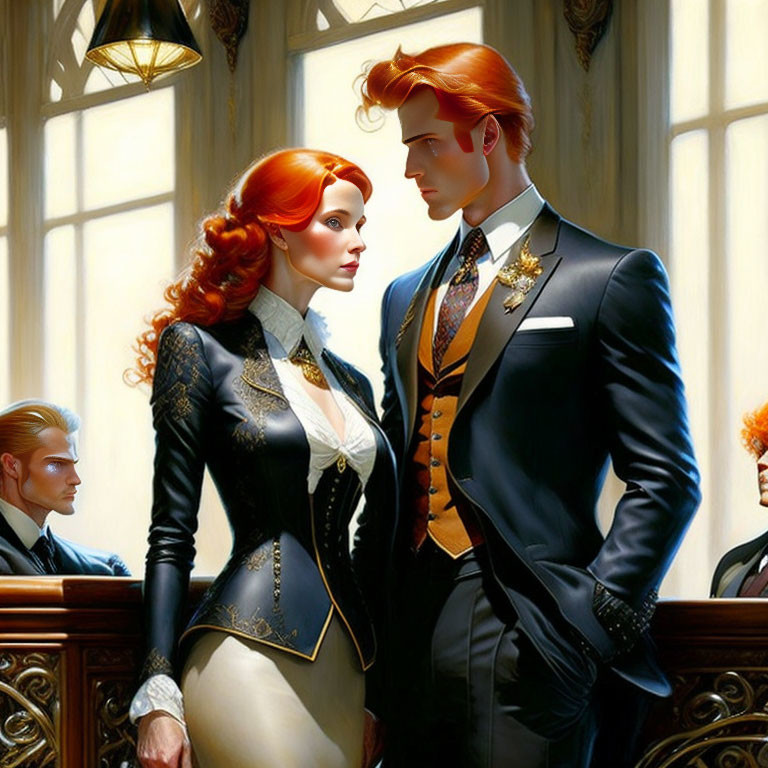 Victorian-inspired couple in elegant attire sharing a gaze in ornate room