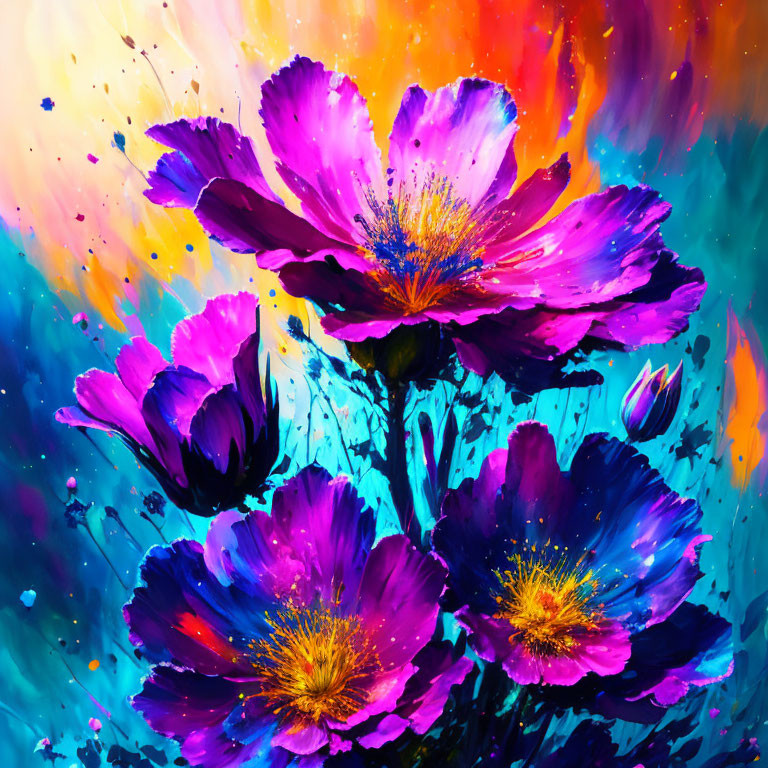 Colorful Abstract Painting of Purple and Pink Flowers with Yellow, Blue, and Orange Splashes