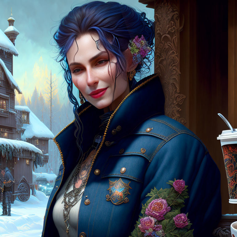 Digital artwork: Woman with blue hair and tattoos in elegant coat, snowy background