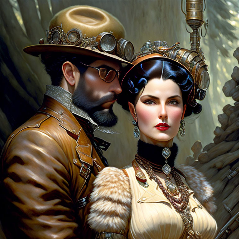 Steampunk couple digital artwork with man in hat and goggles.