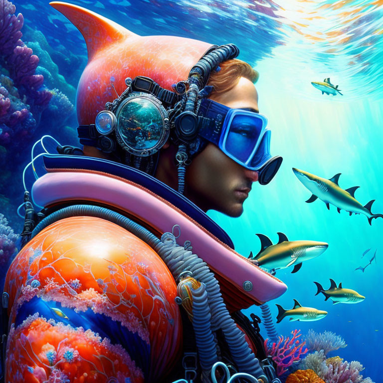 Diver in ornate helmet and orange suit in vibrant underwater scene