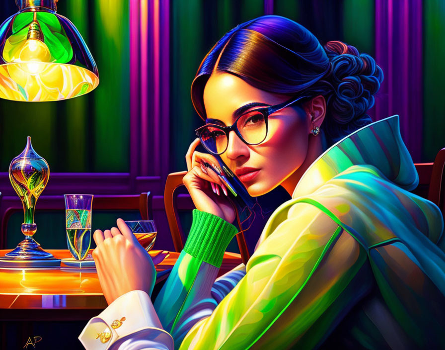 Illustration of woman in glasses at colorful bar