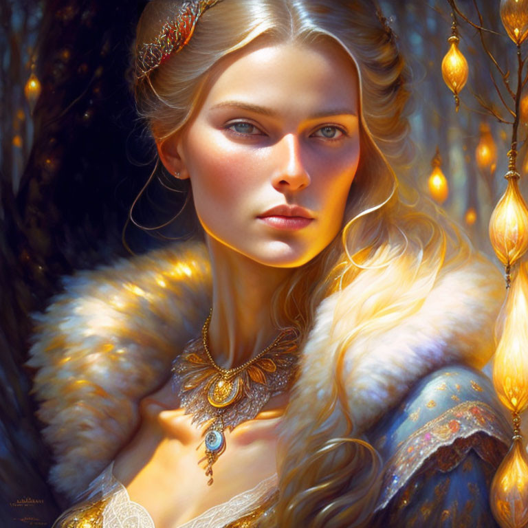 Regal woman with blue eyes in luxurious fur and golden jewelry under lantern light