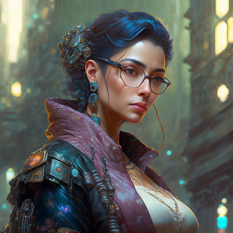 Cybernetic woman with futuristic eyewear in sci-fi backdrop