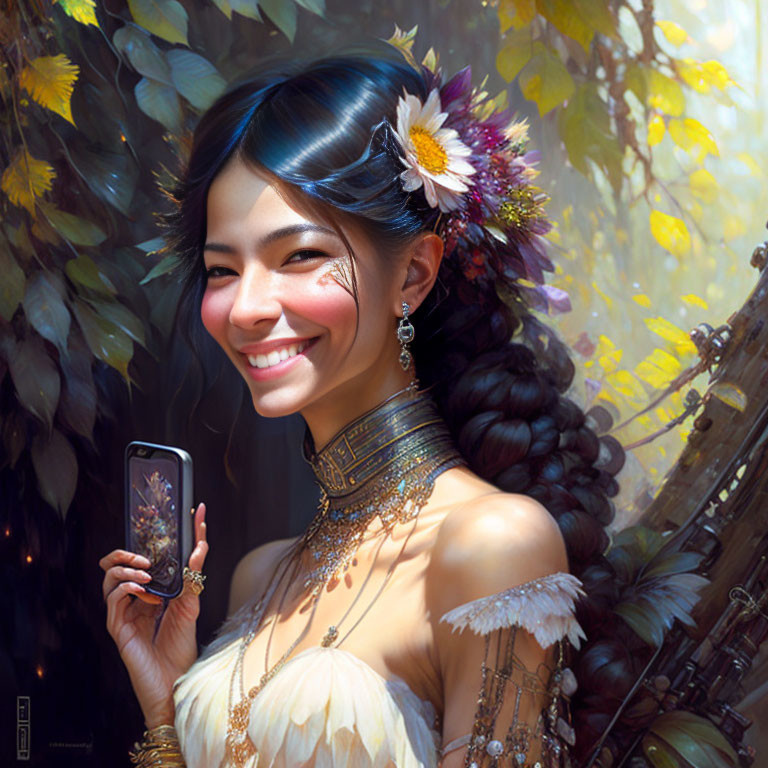 Smiling woman in elegant attire with floral hair decorations holding a phone under sunlight.