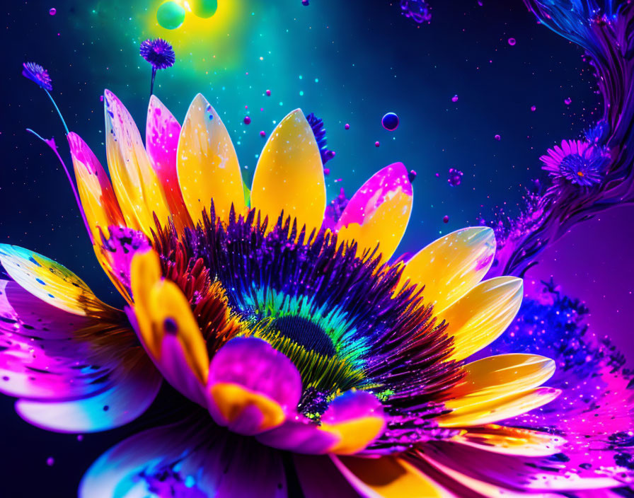 Neon flower digital artwork on cosmic background