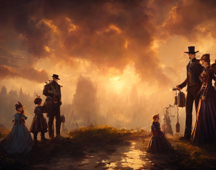 Victorian-era characters in orange-hued steampunk landscape