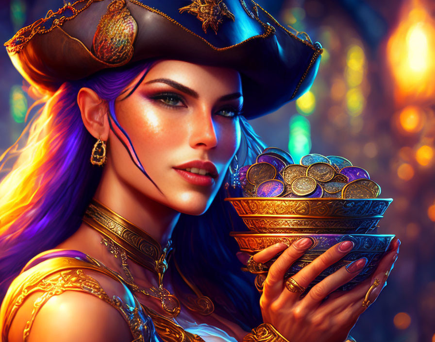 Colorful female pirate with purple hair holding gold coins, adorned with jewelry, in bokeh light backdrop