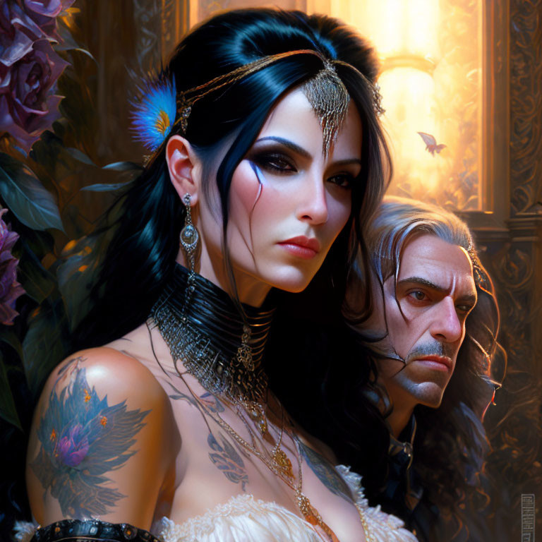 Digital artwork of woman with headpiece, tattoos, and necklace, with serious man in background