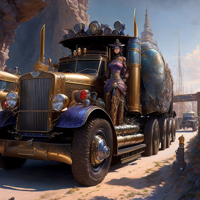 Victorian woman in purple dress on steampunk golden truck