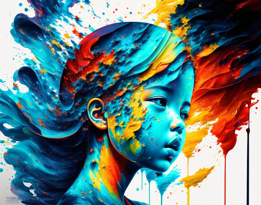 Colorful Artwork: Girl with Flowing Hair in Blue, Red, and Yellow Splash