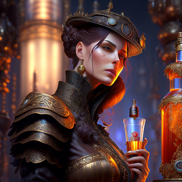 Digital Artwork: Woman in Embellished Hat with Glass and Ornate Bottles