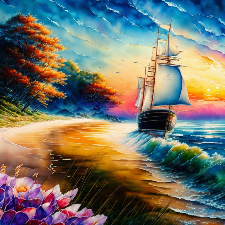 Colorful sailboat painting with autumn trees and flowers in dynamic sunset scene