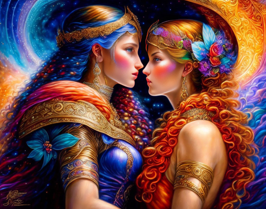 Ethereal women in ornate crowns, one in blue, one in orange, mirroring