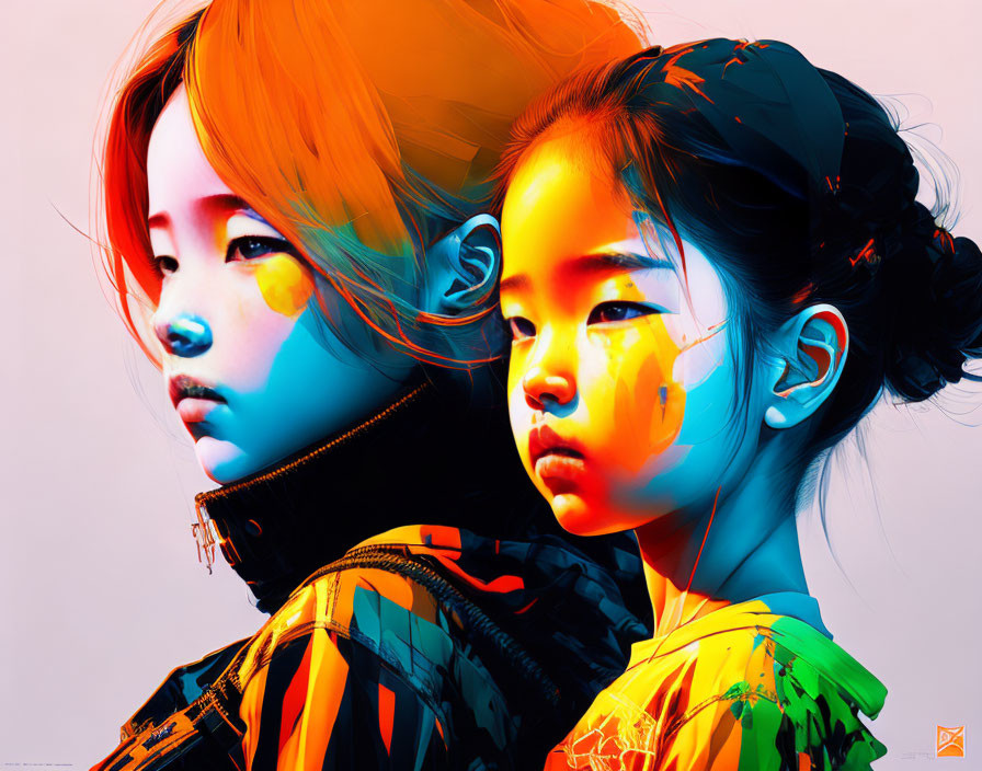 Vibrant digital portraits of young girls with abstract patterns