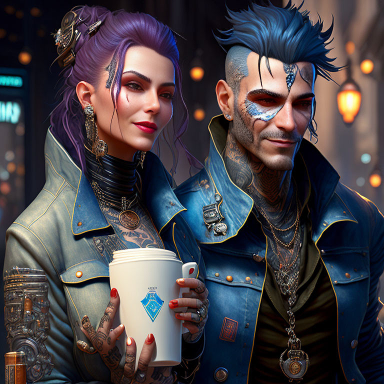 Stylized characters with blue hair and tattoos in futuristic attire against neon-lit cityscape