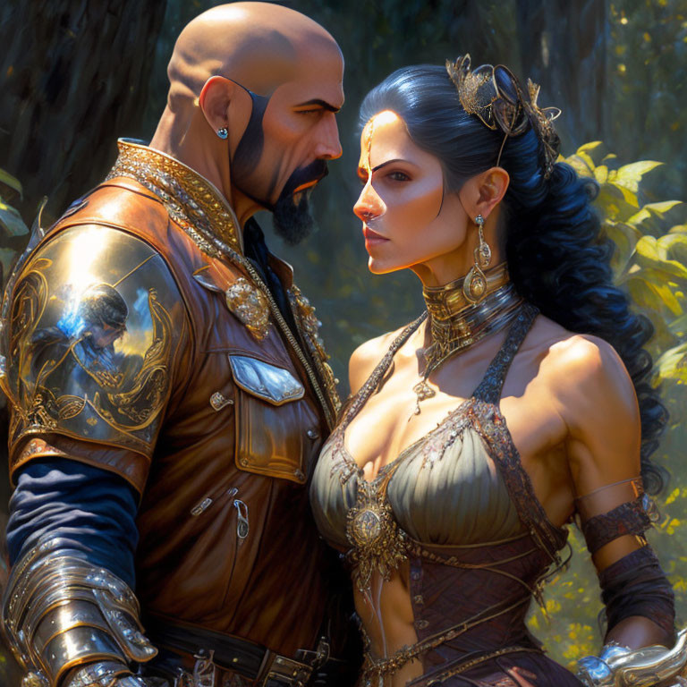 Fantasy digital art of bald man in armor and woman in jeweled dress