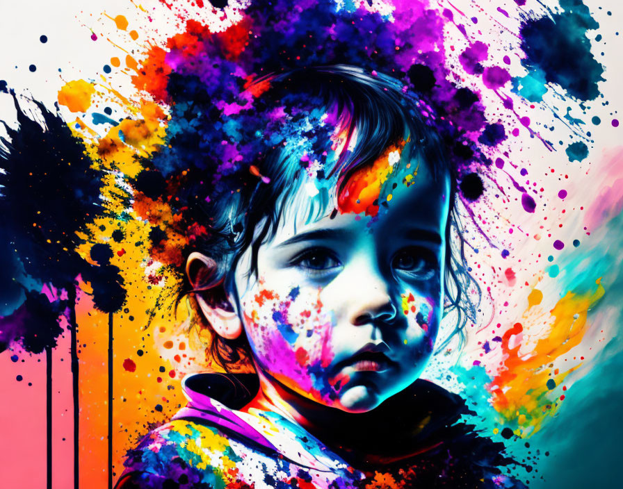 Colorful digital artwork of a solemn child amidst paint splatters