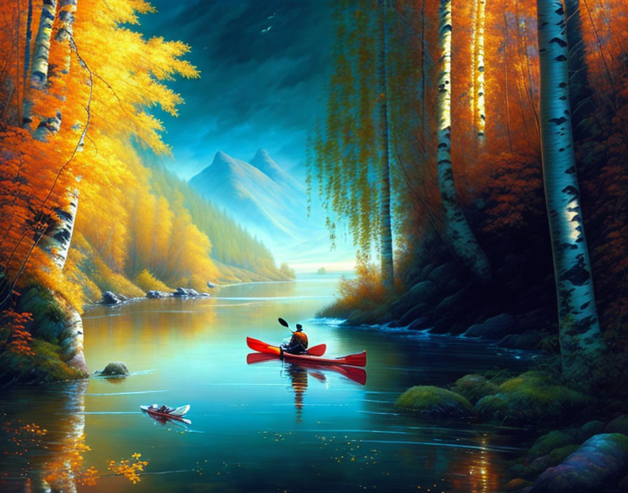 Tranquil river scene with person canoeing among autumn trees