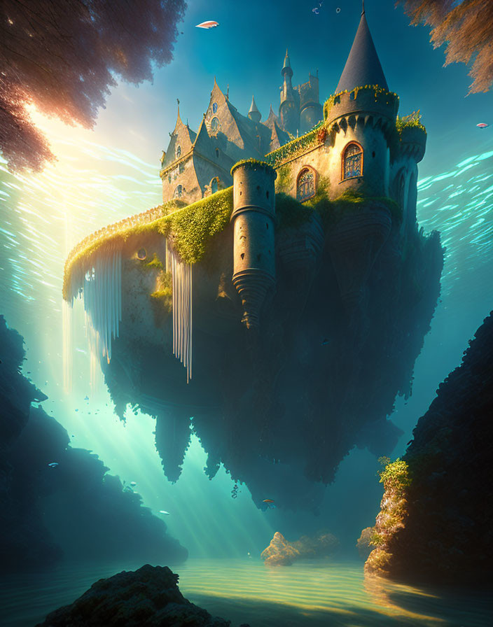 Floating castle surrounded by greenery under a radiant sky reflected in water