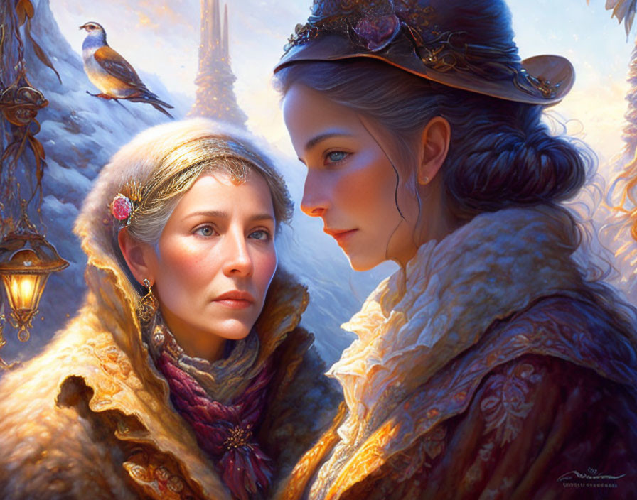 Two women in historical clothing with snowy landscape and bird in background