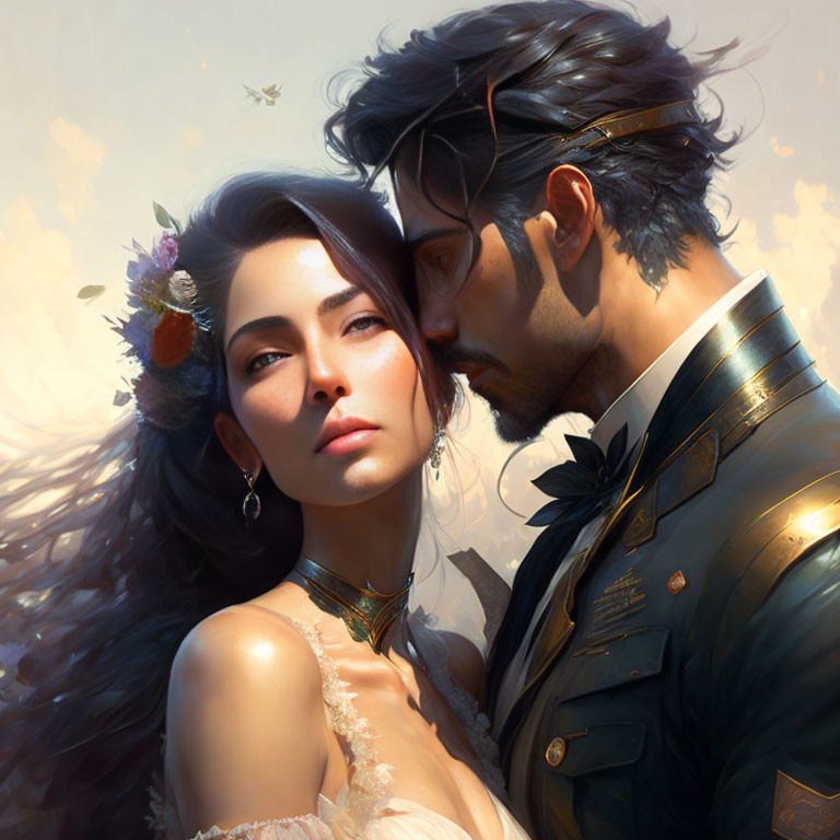 Fantastical illustrated couple in military uniform and floral adornments