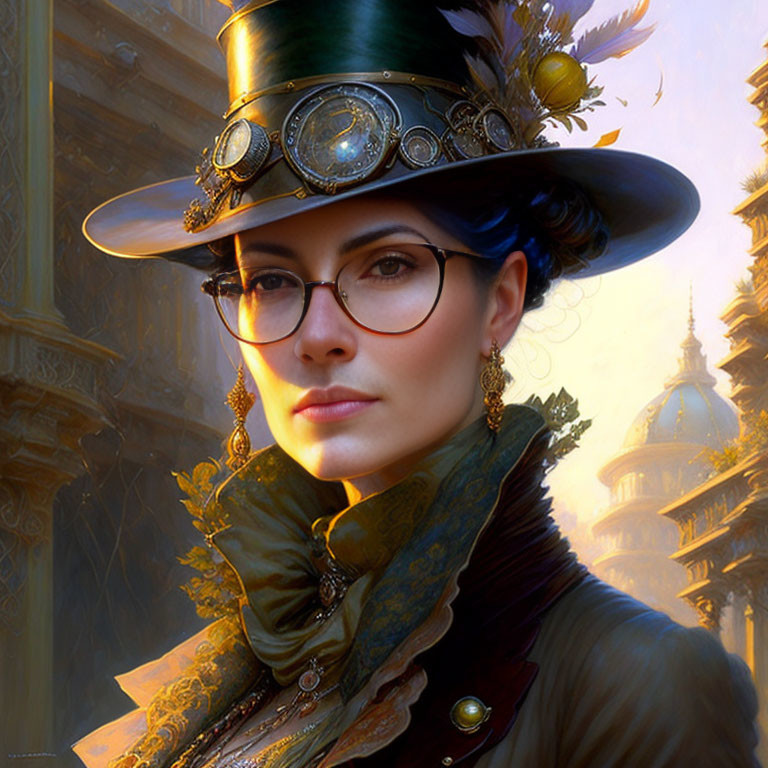 Portrait of woman in round glasses with steampunk-style top hat, scarf, and warm lighting