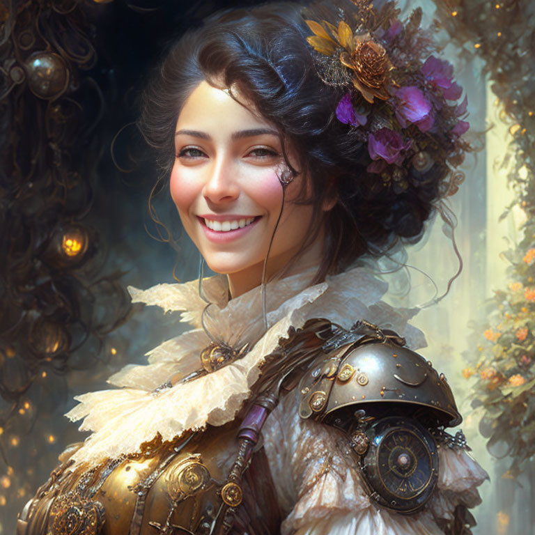 Smiling woman in ornate steampunk outfit with floral accents