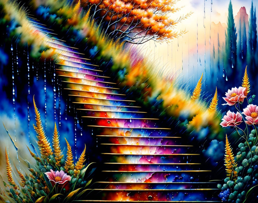 Colorful painting of mystical stairway in starry setting