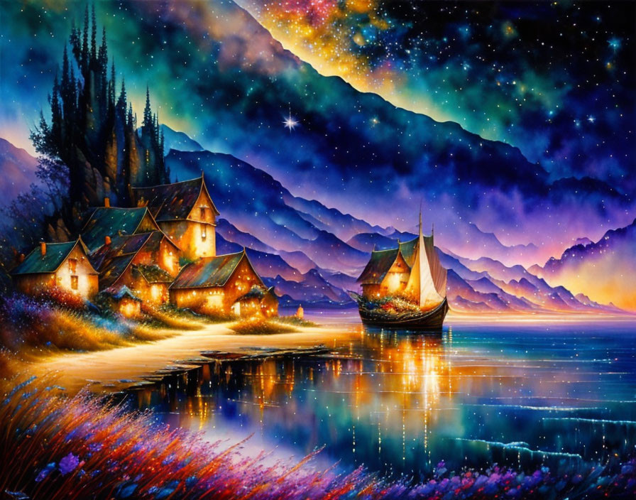 Starry night sky over picturesque village with lit homes and sailing boat