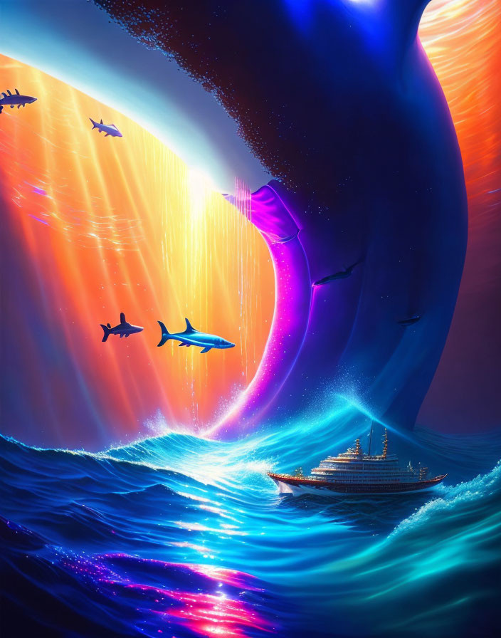 Ocean Scene: Sharks in Glowing Waves under Colorful Sky