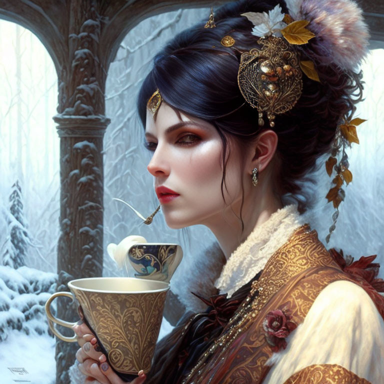 Woman with Blue-Black Hair and Gold Headpiece Holding Cup in Frosty Forest