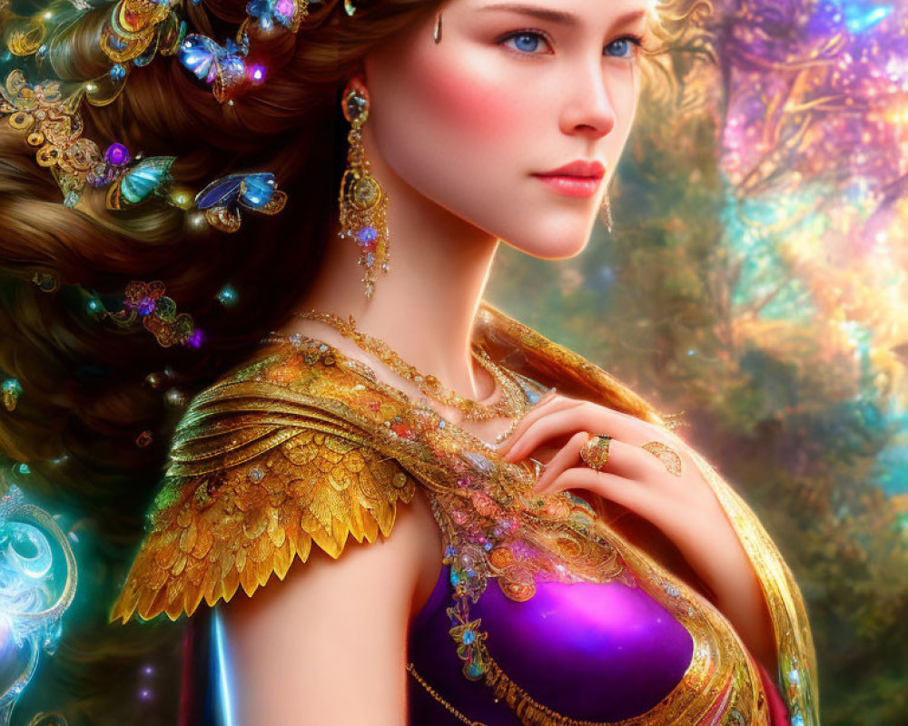 Intricate fantasy artwork of woman with golden headpieces in magical forest