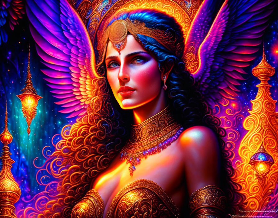 Colorful fantasy art of winged woman in golden jewelry with lanterns