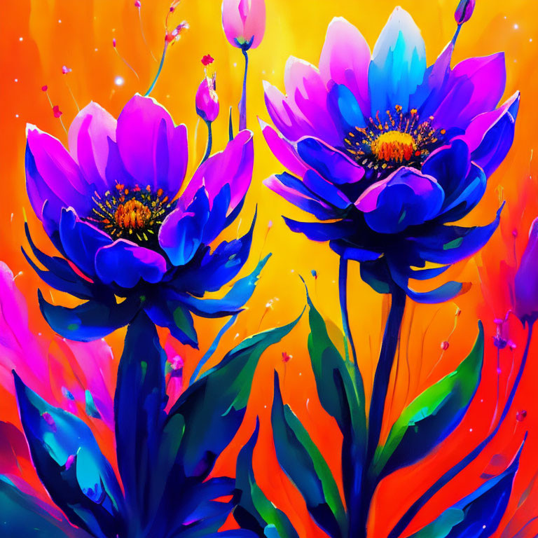 Colorful digital artwork featuring stylized blue and purple flowers on an orange and yellow splattered background