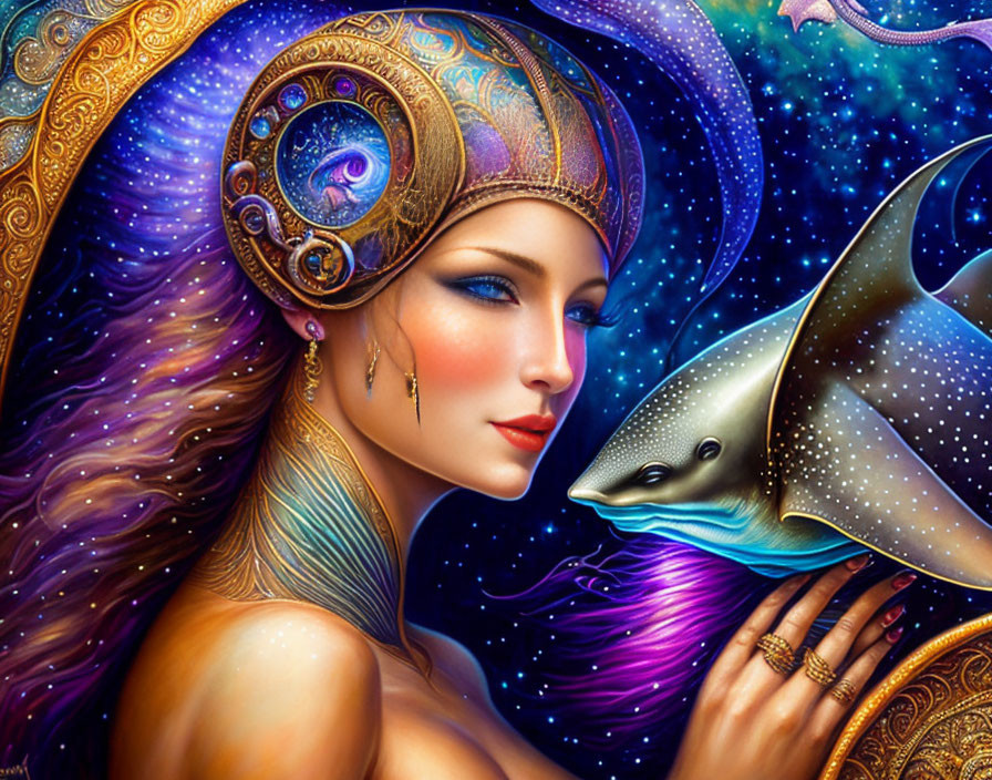 Fantastical illustration of woman with ornate headgear and cosmic background interacting with ethereal dolphin.