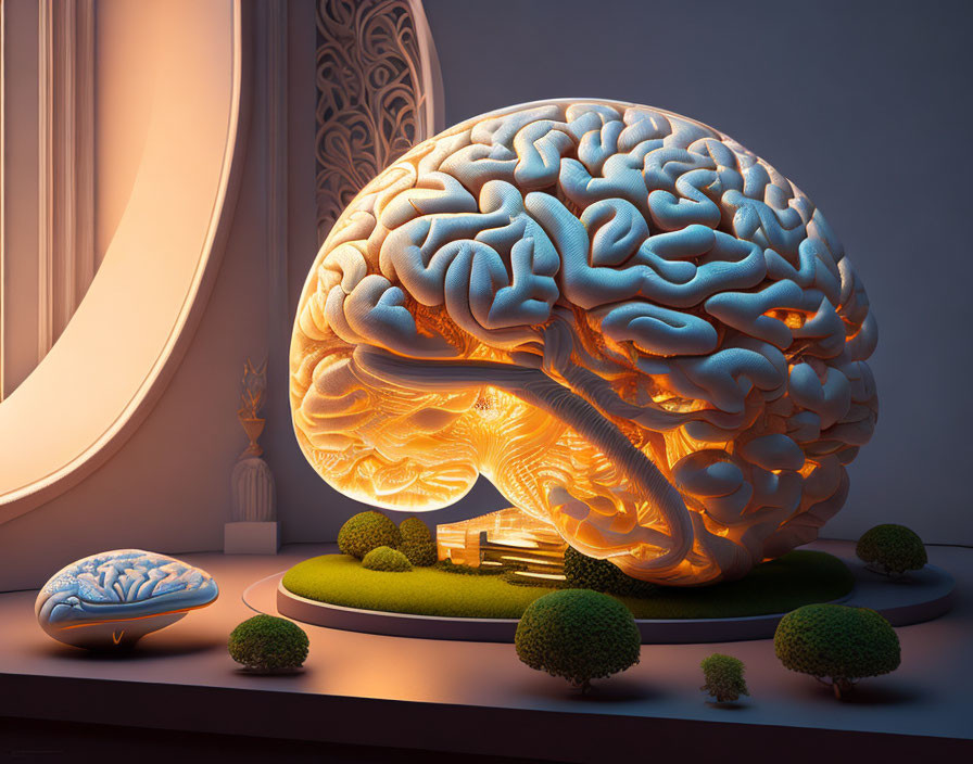 Detailed oversized human brain sculpture on pedestal with trees and miniature version in serene room