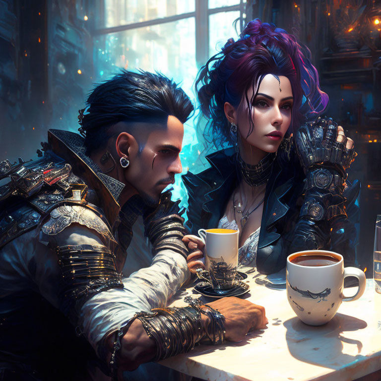 Cyberpunk-themed image of two characters at a futuristic table