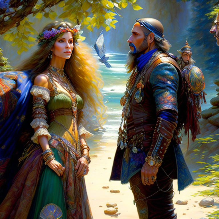 Regal fantasy couple with ethereal creature in vibrant forest