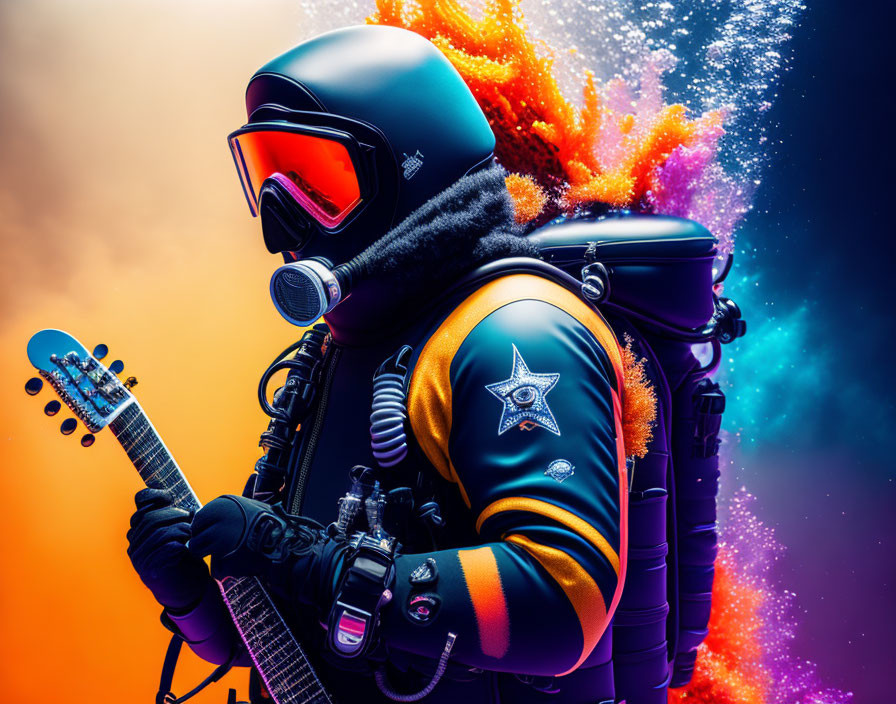 Colorful Astronaut with Guitar in Cosmic Setting