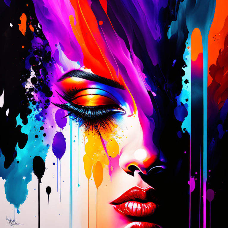 Colorful Artwork: Woman's Face with Bold Paint Splashes