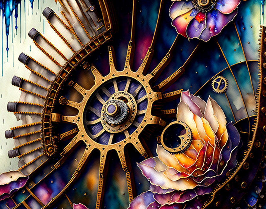 Detailed Steampunk Artwork with Mechanical Cogs and Flowers